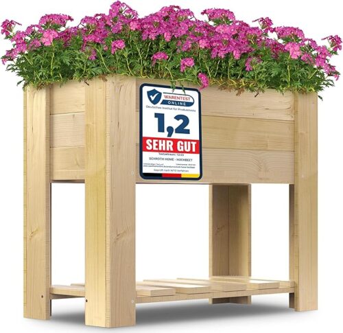 Schroth Home Hochbeet Compact Bausatz aus Holz mit eingepflanzten lila Blumen.