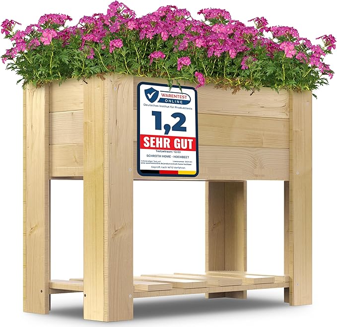 Schroth Home Hochbeet Compact Bausatz aus Holz mit eingepflanzten lila Blumen.