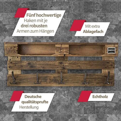 Schroth Home PALrobe 120 x 47 x14 cm rechteckig – Wandgarderobe im VINTAGE Look aus Europaletten mit verschiedenen USPs welche das Produkt beschreiben