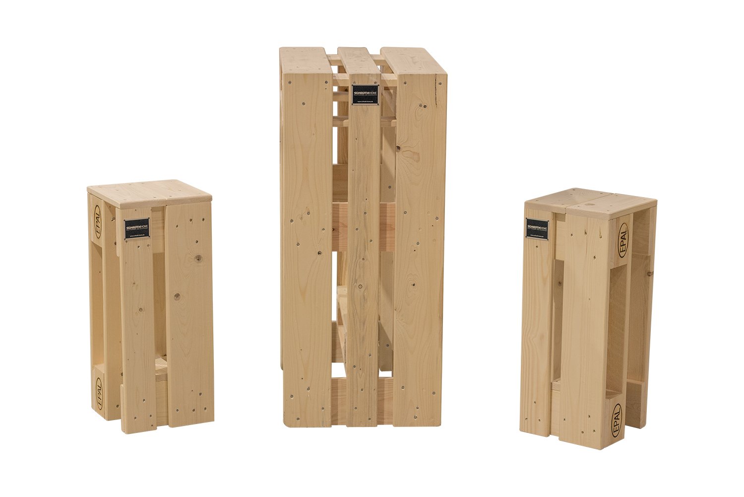 Schroth Home Pali Bar Set - 128 x 47 x 105 cm – Stehtisch mit Zwei Barhockern – Bistrotisch aus Paletten – Küchentisch und Küchenstühle -Hellbraun