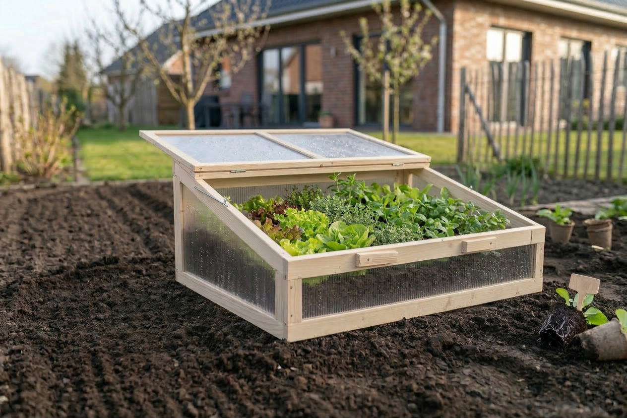 Frühbeet-auf-dem-Boden Eine Frühbeethaube von Schroth Home. Die Frühbeethaube steht auf einem für den Frühling vorbereitetem Erdreich, im Garten eines Einfamilienhauses. Im Frühbeet zu sehen sind verschiedene Salate und Kräuter