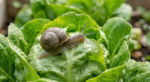 Schnecke-im-Frühbeet Eine Schnecke sitzt auf einem Salatkopf in einem Frühbeet