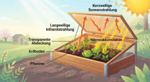 Wärmespeicherung-Frühbeet Eine Grafik welche den Prozess der Wärmeentstehung und Speicherung in einem Frühbeet darstellt.